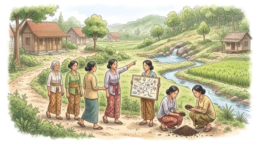 Warga desa memetakan lahan di tepi sungai bersama pendamping