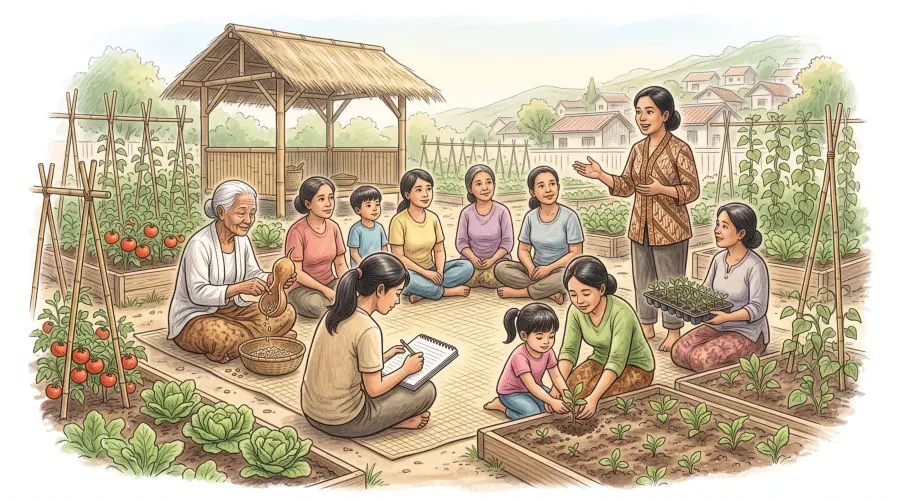 Kelompok perempuan berkumpul di kebun, mencatat rencana bersama