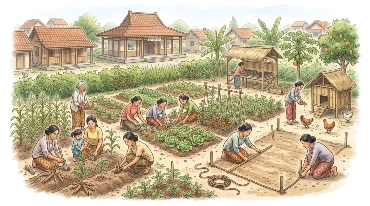 Kebun bersama di desa dengan rumah panggung dan kandang ayam