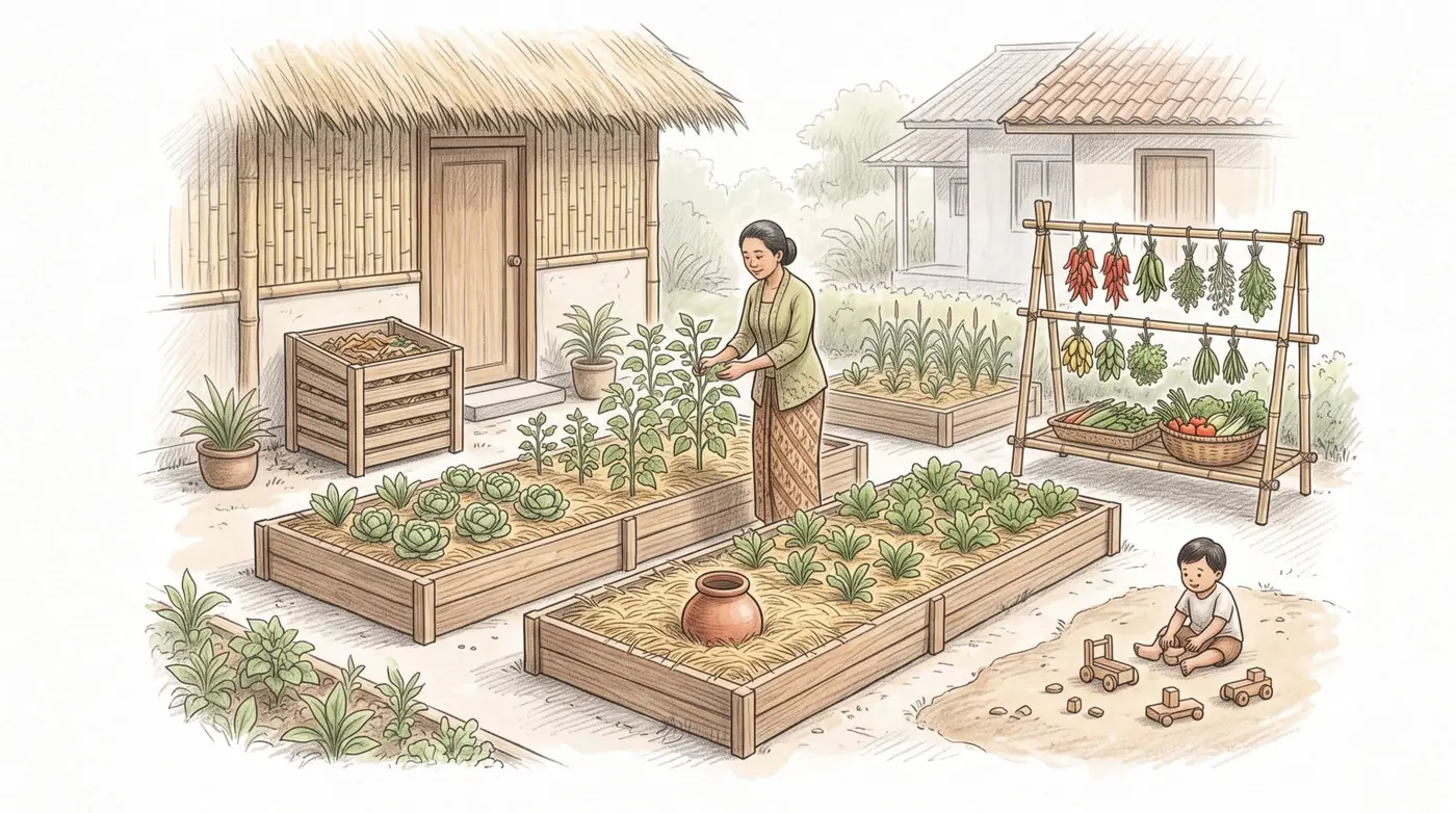 Ilustrasi kebun dengan tandon air, bedengan tinggi, rumah kompos, dan rak penyimpanan hasil panen