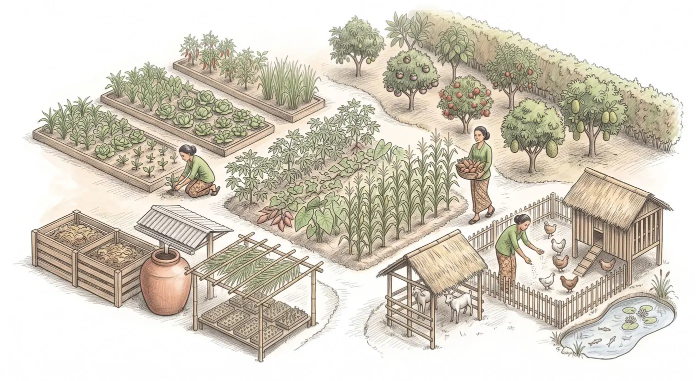 Ilustrasi kebun dengan bedengan sayur, pangan pokok, pohon buah, kandang ternak kecil, dan fasilitas kompos